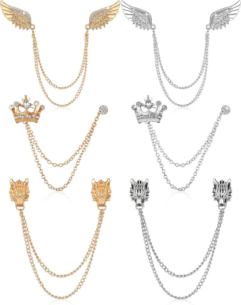 Trnayi 6 Pieces Tassel Chain Brooch Collar Pins Wedding Brooches Collar Pins Wings Wolf Head Crown Lapel Suit Shirt Tuxedo Accessories for Wedding Anniversary Halloween Birthday Party Office - Image 1